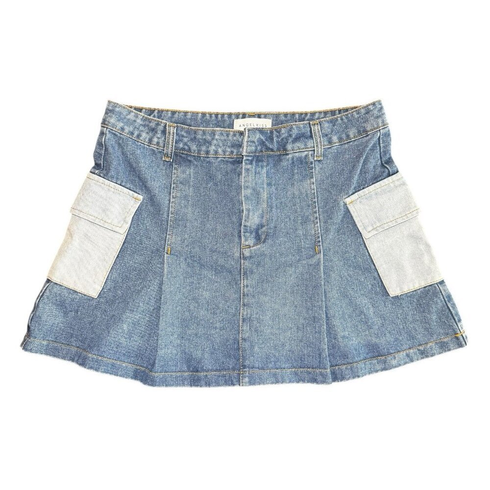 Angel Kiss Y2K‎ Pleated Denim Skirt Women's L Side Pockets Vintage